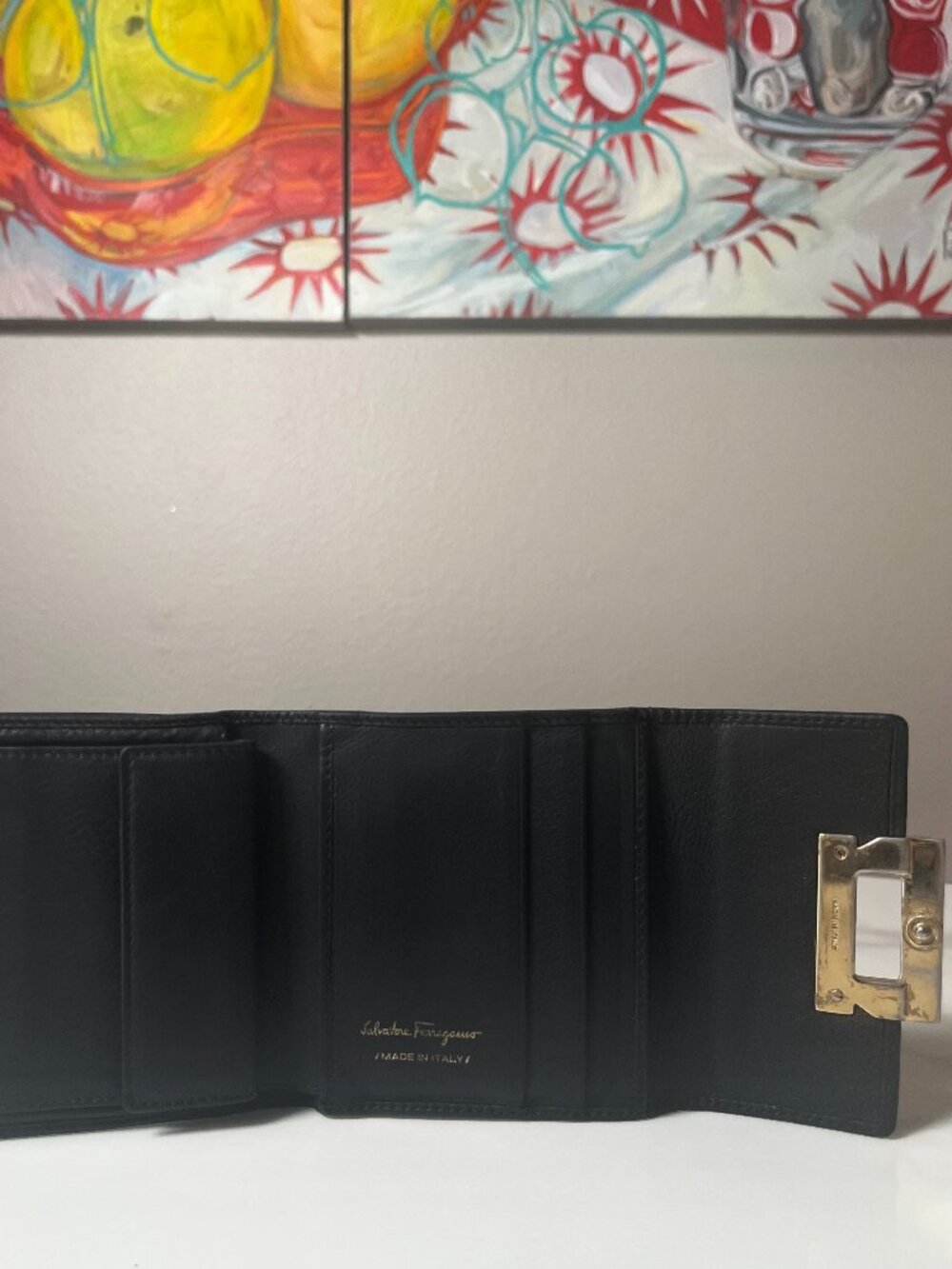 Salvatore Ferragamo Black Leather Gancini Clasp Trifold Wallet - Picture 9 of 11